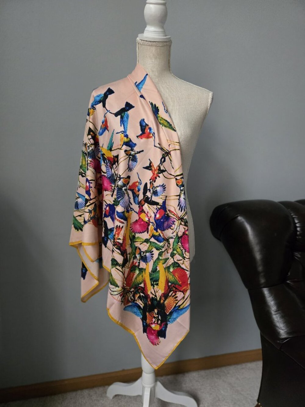 Multi-Color Bird Design Silk Scarf With Pink Background